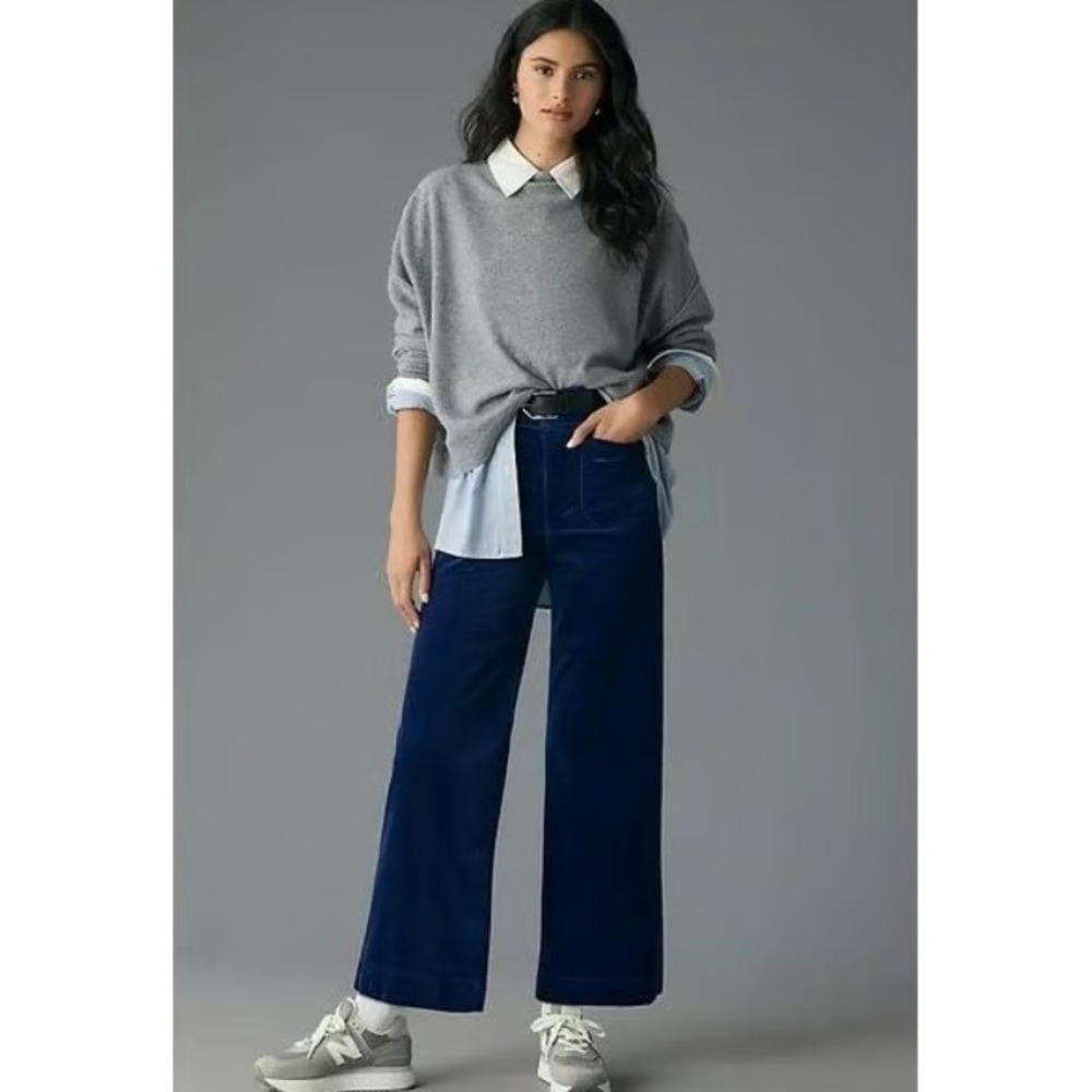 Anthropologie Maeve Colette Crop Pants Women's 24 Navy Corduroy Stretch Wide Leg